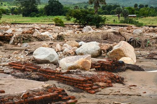 Rocks carried by the power of the storm now sit in what was a building. 